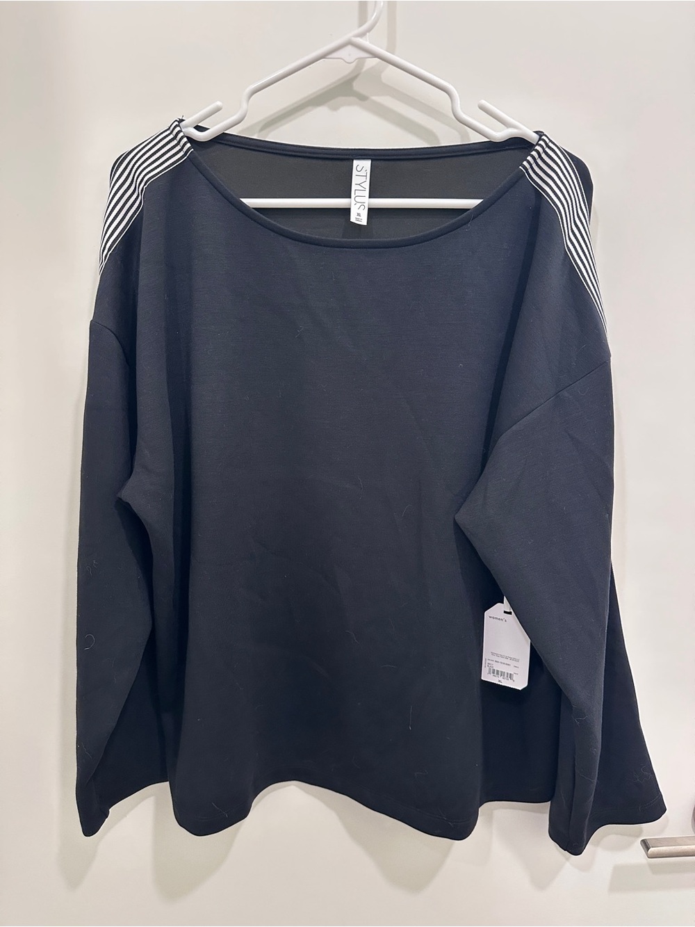 STYLUS Black Long Sleeve Top with Striped Shoulder Detail